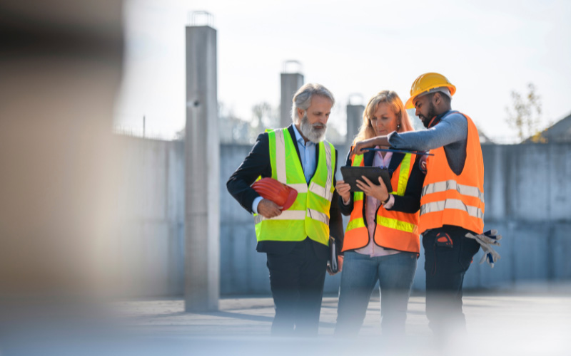 Personen mit Warnweste und Schutzhelmen auf einer Baustelle